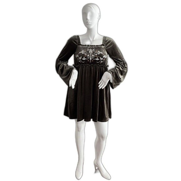 Miss Me Olive Green Velvet Embroidered Bodice Bell Sleeve Mini L - Picture 4 of 12